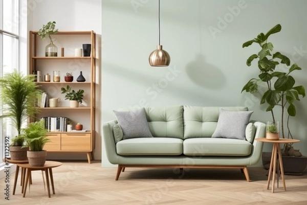 Fototapeta A living room with a green sofa, plants, and a bookshelf