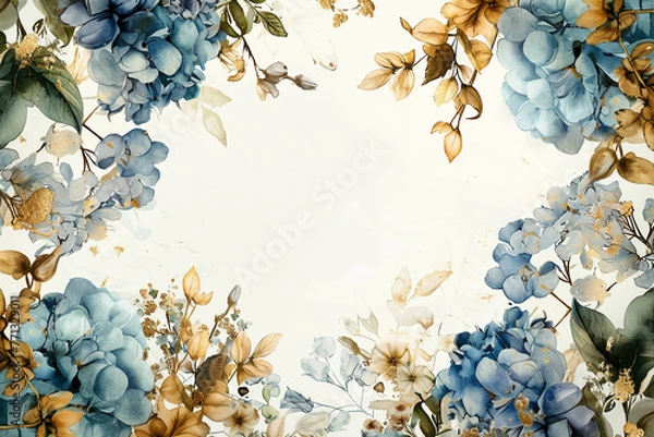 Obraz an illustrated invitation, luxury wedding theme, blank in middle no writing lines on solid white background, for a stubble gold and delicate floral borders, high detailed,a soft hydrangeas bouquet ado