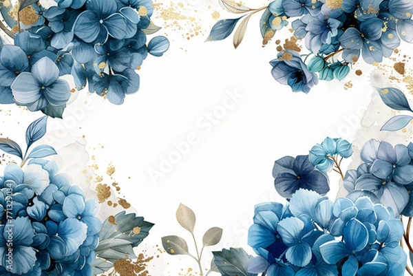 Obraz an illustrated invitation, luxury wedding theme, blank in middle no writing lines on solid white background, for a stubble gold and delicate floral borders, high detailed,a soft hydrangeas bouquet ado