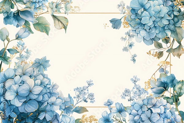Obraz an illustrated invitation, luxury wedding theme, blank in middle no writing lines on solid white background, for a stubble gold and delicate floral borders, high detailed,a soft hydrangeas bouquet ado