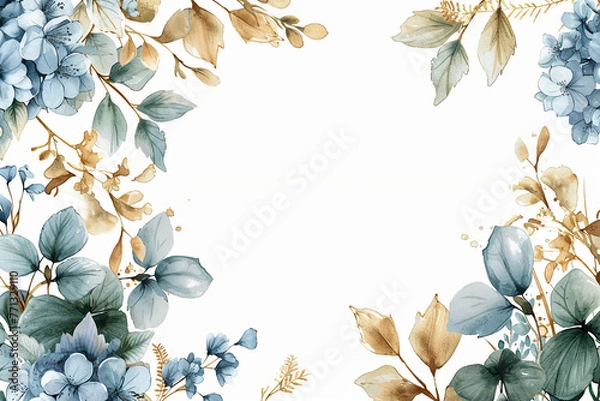 Obraz an illustrated invitation, luxury wedding theme, blank in middle no writing lines on solid white background, for a stubble gold and delicate floral borders, high detailed,a soft hydrangeas bouquet ado