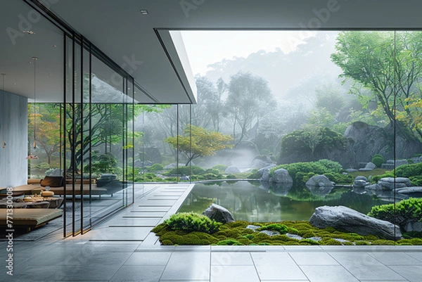 Obraz an architectural photograph exterior view of an minimalist villa, with very nice Japanese garden landscape, featured minimalist sliding door, medium shot