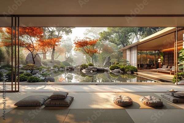 Obraz an architectural photograph exterior view of an minimalist villa, with very nice Japanese garden landscape, featured minimalist sliding door, medium shot