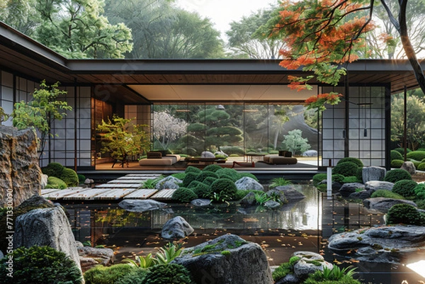 Obraz an architectural photograph exterior view of an minimalist villa, with very nice Japanese garden landscape, featured minimalist sliding door, medium shot