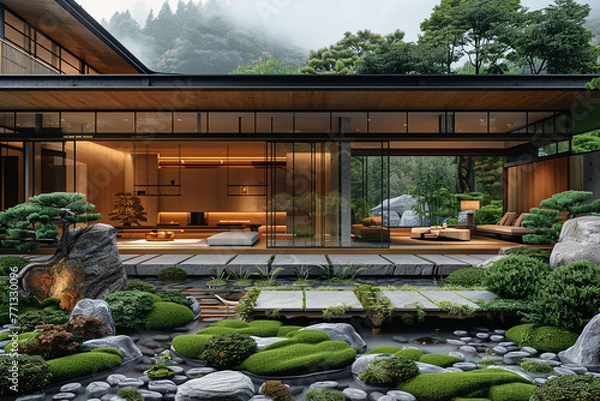 Obraz an architectural photograph exterior view of an minimalist villa, with very nice Japanese garden landscape, featured minimalist sliding door, medium shot