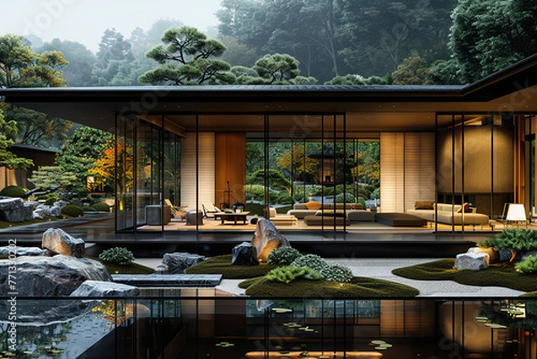 Obraz an architectural photograph exterior view of an minimalist villa, with very nice Japanese garden landscape, featured minimalist sliding door, medium shot