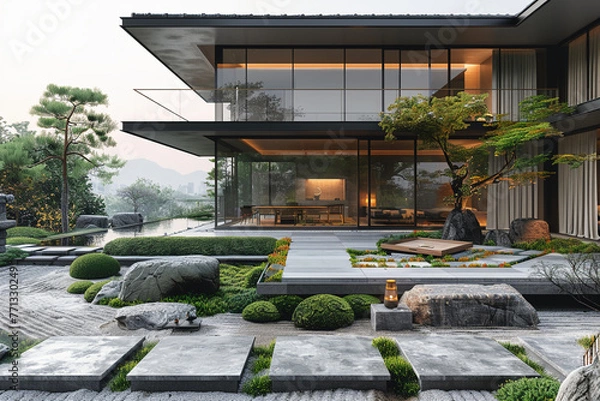 Obraz an architectural photograph exterior view of an minimalist villa, with very nice Japanese garden landscape, featured minimalist sliding door, medium shot