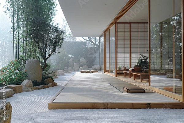 Obraz an architectural photograph exterior view of an minimalist villa, with very nice Japanese garden landscape, featured minimalist sliding door, medium shot