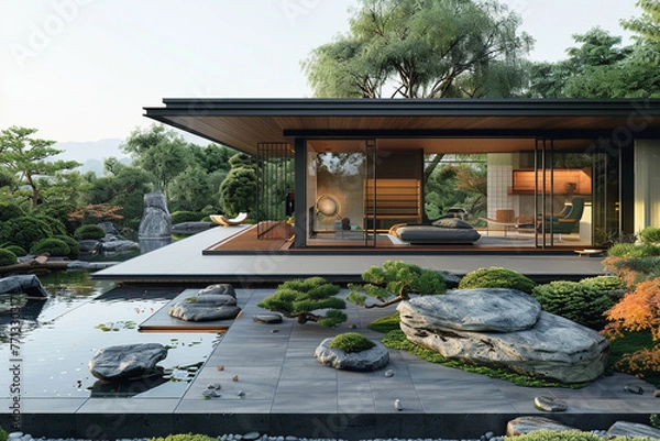 Obraz an architectural photograph exterior view of an minimalist villa, with very nice Japanese garden landscape, featured minimalist sliding door, medium shot