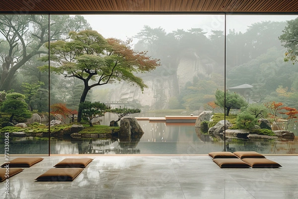 Obraz an architectural photograph exterior view of an minimalist villa, with very nice Japanese garden landscape, featured minimalist sliding door, medium shot
