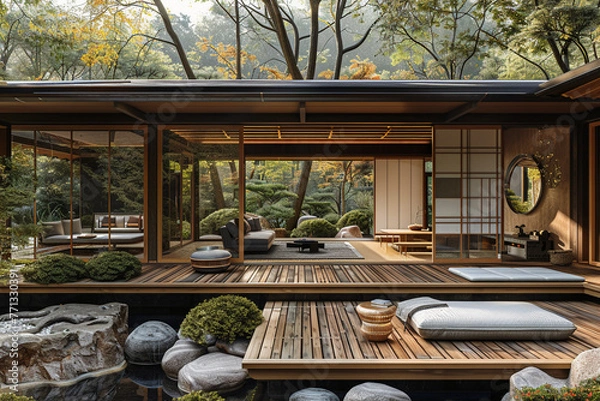 Obraz an architectural photograph exterior view of an minimalist villa, with very nice Japanese garden landscape, featured minimalist sliding door, medium shot