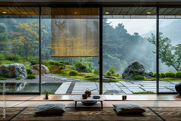 Obraz an architectural photograph exterior view of an minimalist villa, with very nice Japanese garden landscape, featured minimalist sliding door, medium shot