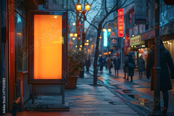 Obraz a street corner of a modern city with a small billboard screen, daylight, normal amount of people passing by