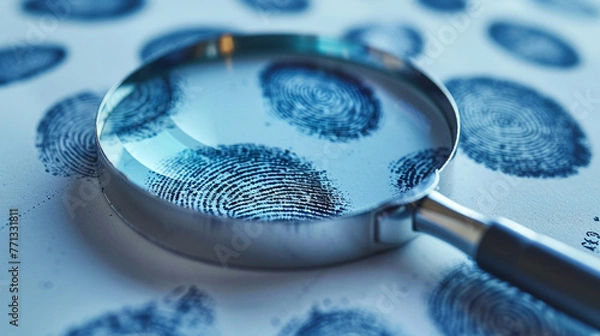 Fototapeta Fingerprints and a magnifying glass on a blue background