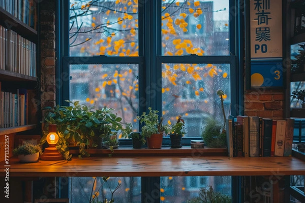 Obraz A photo of an old wooden desk in front of a large window, a cozy interior with plants and books, a Chinese painting on the wall, a rainy day outside, cinematic lighting, golden hour
