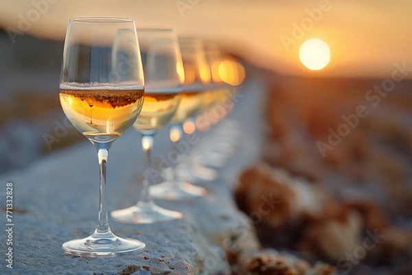 Obraz a photo of a row of glasses of chardonnay that disappears over the horizon