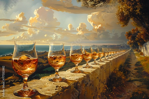 Obraz a photo of a row of glasses of chardonnay that disappears over the horizon