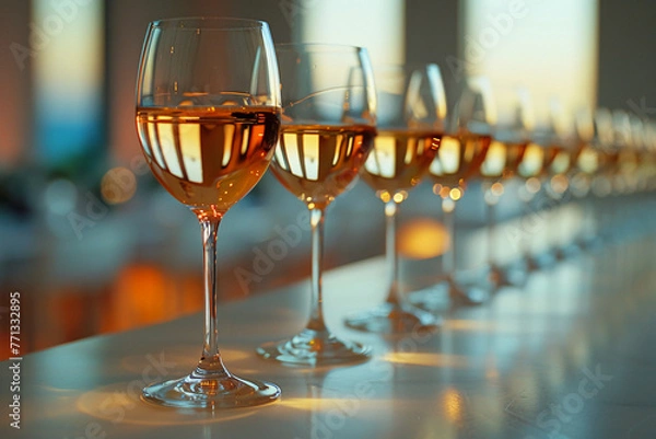 Obraz a photo of a row of glasses of chardonnay that disappears over the horizon