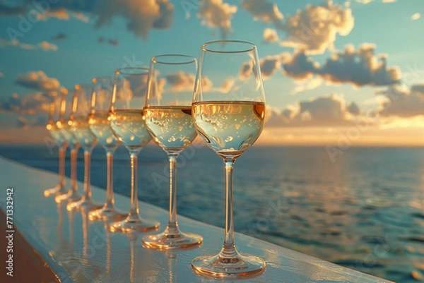 Obraz a photo of a row of glasses of chardonnay that disappears over the horizon