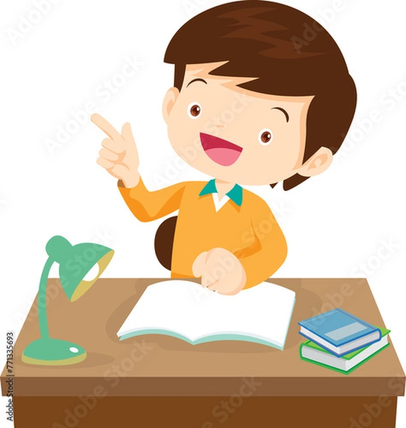 Fototapeta kid learning doing homework read and writing on desk
