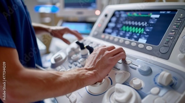 Fototapeta Healthcare Professional Operating Ultrasound Machine. Close-up view of a healthcare worker's hands adjusting the controls on an ultrasound machine with a screen showing live scans.