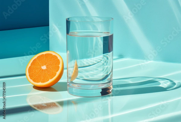 Fototapeta A glass of water sits next to a slice of mango, its kitsch aesthetic, poolcore, bold and dynamic lines, serenity, and calm apparent in orange and aquamarine.