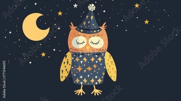 Fototapeta A sleepy owl with a nightcap wears pajamas decorated with stars and moons minimal