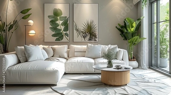 Fototapeta Modern living room cream style, white sofa with green leaf decoration on the back, light grey carpet, small round coffee table. Generative AI.