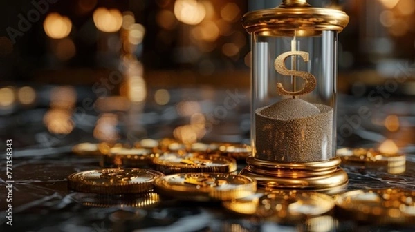 Fototapeta  Time is Money: Sand Clocks with Coins on a Table made with Generative AI