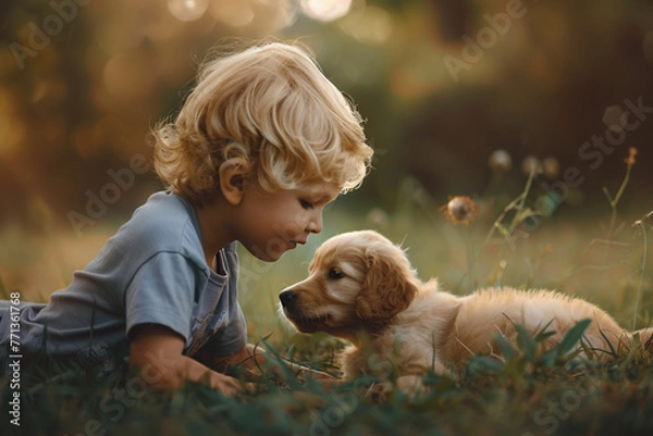 Obraz Playing with a puppy and a boy.