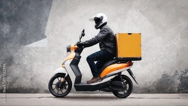 Fototapeta Courier on a scooter carry out orders for delivery of goods
