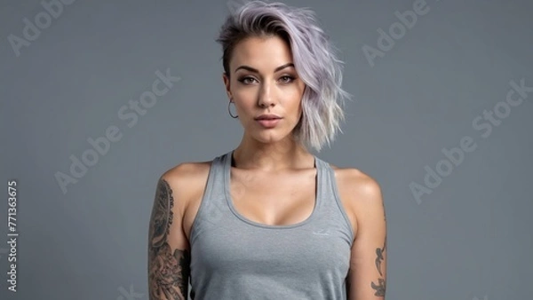Fototapeta Portrait of an informal girl with a tattoo on a gray background