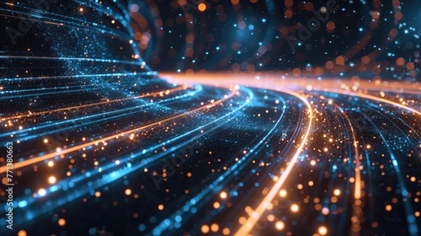 Fototapeta Abstract background with wave of dots. Futuristic banner with particles. Technology background with light, digital wave effect, corporate concept