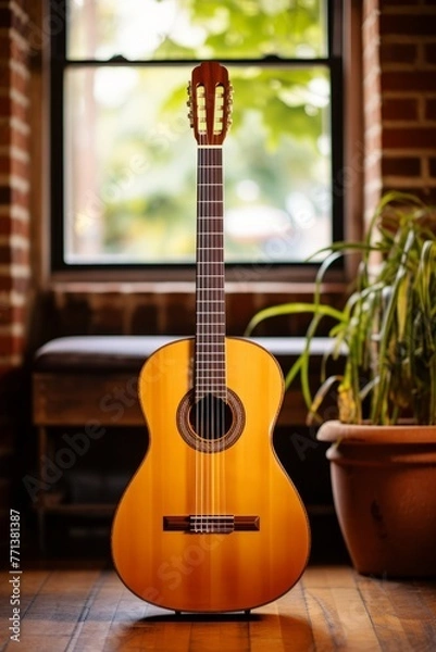 Fototapeta A classical guitar sits on a wooden floor in front of a window.