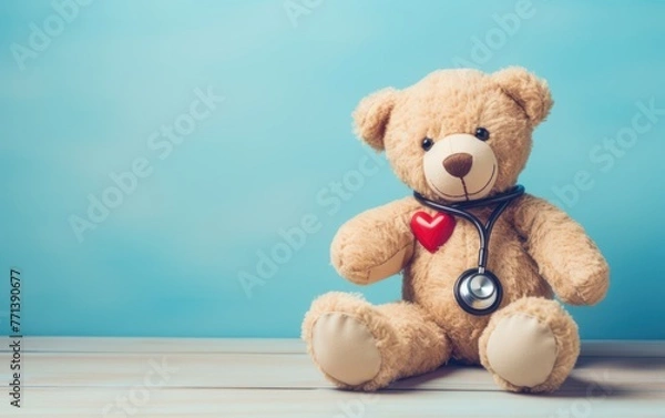 Obraz A cute teddy bear with a stethoscope presents an idea of pediatric care or children's health