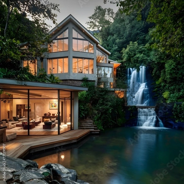 Fototapeta beautiful modern architect house with different floors located next to a waterfall 