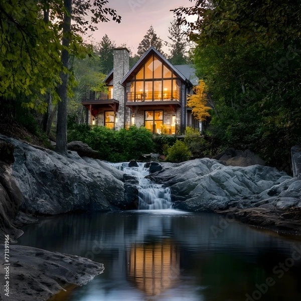 Fototapeta beautiful modern architect house with different floors located next to a waterfall 