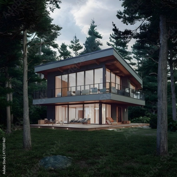 Fototapeta beautiful modern architect house with different floors located in a forest 