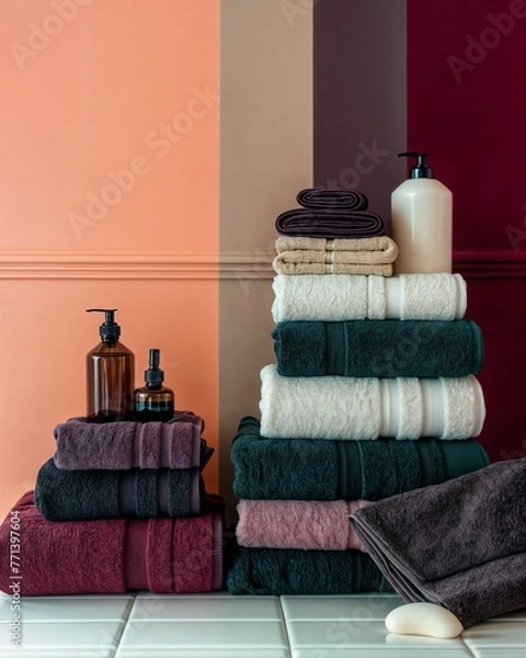 Obraz Bathroom Essentials Arranged Harmoniously, Featuring Towels, Natural Soap, and Wooden Accents, Conceptf or Interior Design Showcases, Spa Advertisements, and Homeware Catalogs, Banner, Space for Text