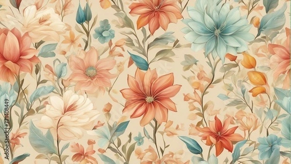 Fototapeta Generative AI. Graphic Seamless floral pattern with flowers and leaves for photo frame, wallpaper, cushions, pillow covers, diary covers, book covers, or any creative printing requirement. Botanical 