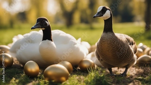 Obraz Generative AI. Goose laying golden egg.