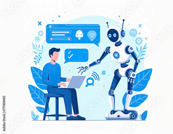 Fototapeta An illustration showing the work of people with artificial intelligence. Using AI technologies in work, communication, learning
