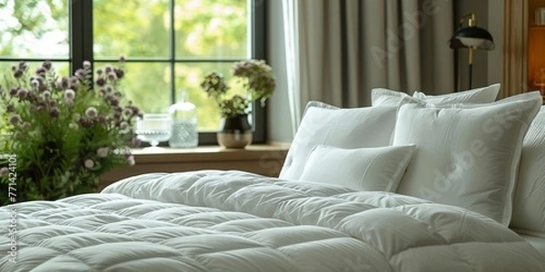Fototapeta Soft white bed linen in a comfortable, cozy bedroom, conducive to restful sleep and relaxation.