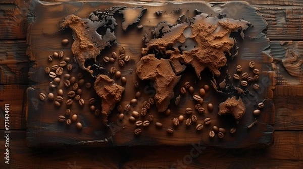Fototapeta world map lined with coffee beans