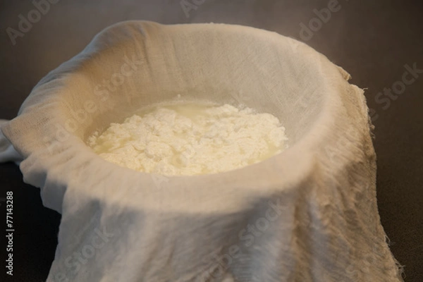 Obraz Folding paneer cheese in milk thrusting with gauze