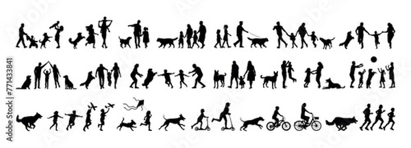 Obraz Group people all ages activities with dogs vector silhouette set collection.