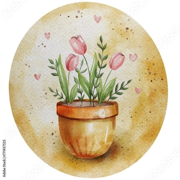 Fototapeta Raster watercolor style illustration of pink blooming tulips in a pot on a warm yellow background with hearts. Picture for printing on polygraphy, fabric, covers.