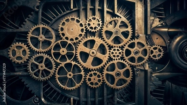 Obraz A complex system of brass gears and cogs interlocking in a dark, industrial setting.