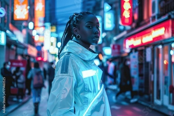Fototapeta A model in an urban setting, clad in futuristic apparel, Generative Ai