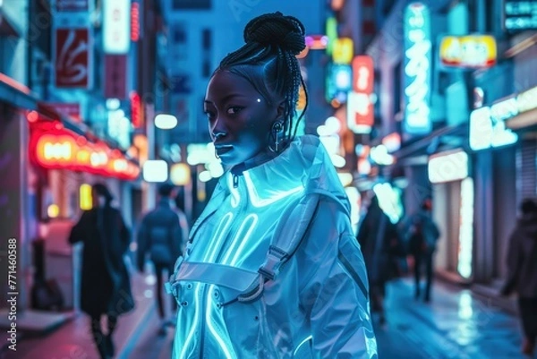 Obraz A model in an urban setting, clad in futuristic apparel, Generative Ai